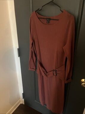 Nicole Miller Rust-Brown Long Sleeve Belted Midi Dress